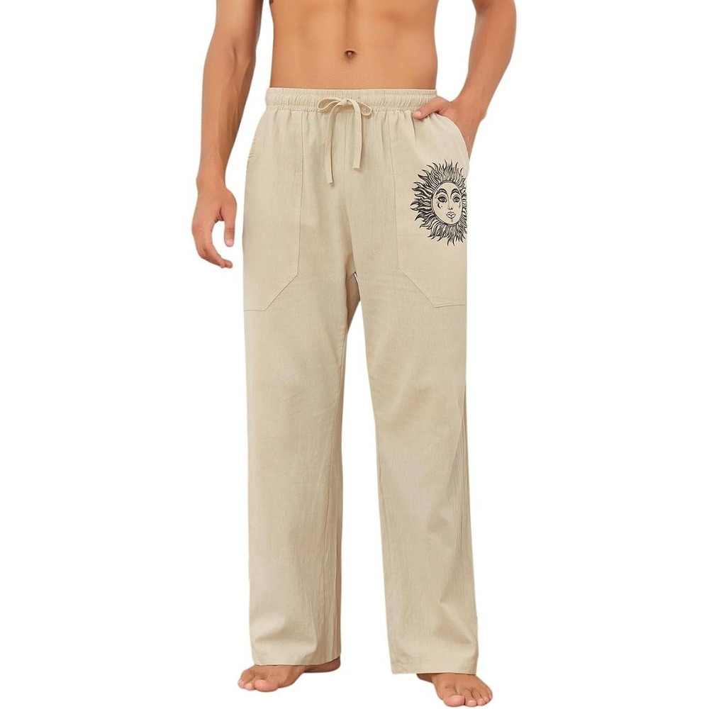 Puimentiua Cotton Linen Pants Men Size Medium Beige Sun Graphic Beach Loose Fit